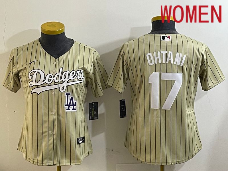 Women Los Angeles Dodgers 17 Ohtani Green Stripe Game 2024 Nike MLB Jersey style 1